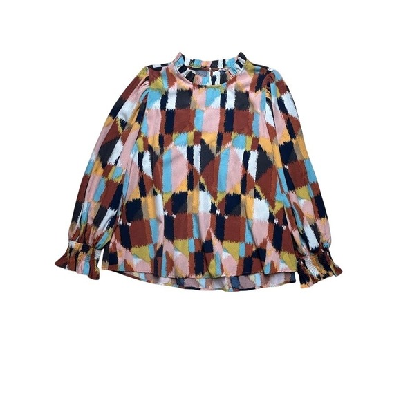 JODIFL Tops - Jodifl Women 2X Abstract Geometric Blouse Rust Blue Mock Neck Balloon Sleeve Top